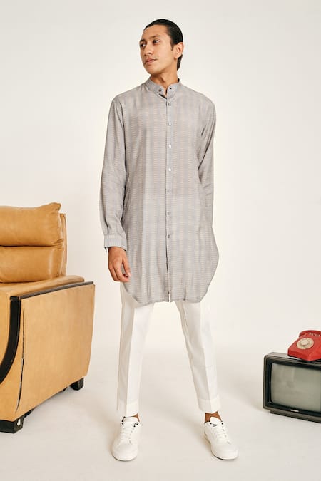 Shop Project Bandi Grey Malai Cotton Floral Stripe Print Kurta Set at Aza Fashions Shop_Project Bandi_Grey Malai Cotton Floral Stripe Print Kurta Set _at_Aza_Fashions