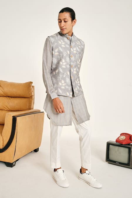 Shop Project Bandi Grey Malai Cotton Floral Mountain Ash Printed Bundi at Aza Fashions Shop_Project Bandi_Grey Malai Cotton Floral Mountain Ash Printed Bundi _at_Aza_Fashions