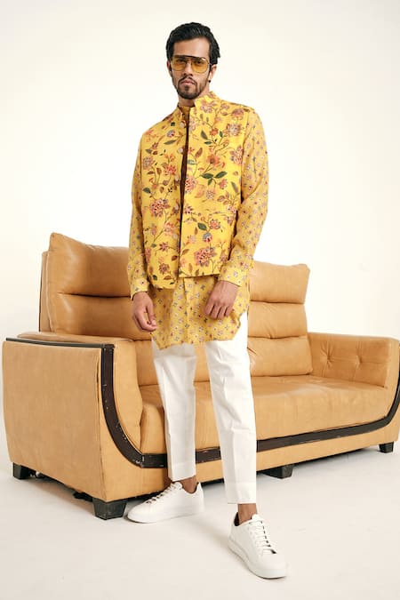 Shop Project Bandi Yellow Malai Cotton Floral Print Bundi at Aza Fashions Shop_Project Bandi_Yellow Malai Cotton Floral Print Bundi _at_Aza_Fashions