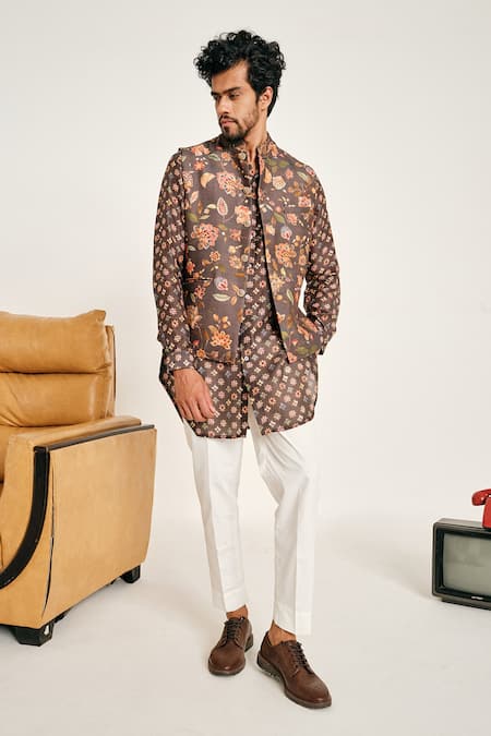 Shop Project Bandi Grey Malai Cotton Floral Print Bundi at Aza Fashions Shop_Project Bandi_Grey Malai Cotton Floral Print Bundi _at_Aza_Fashions