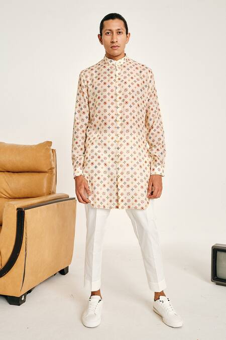 Shop_Project Bandi_Beige Malai Cotton Sitara Print Kurta Set _at_Aza_Fashions