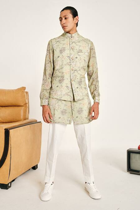 Shop_Project Bandi_Green Malai Cotton Floral Gulfam Printed Bundi_at_Aza_Fashions