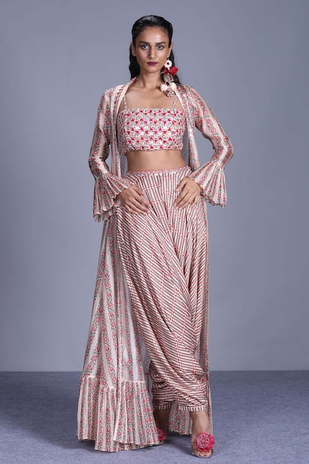 Shop_Punit Balana_Beige Organza, Satin Square Neck Jacket And Dhoti Pant Set _at_Aza_Fashions