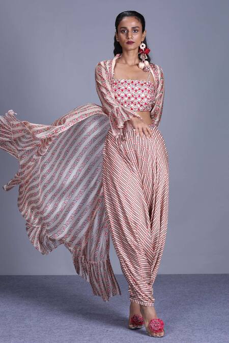 Punit Balana_Beige Organza, Satin Square Neck Jacket And Dhoti Pant Set _Online_at_Aza_Fashions