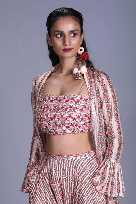 Buy_Punit Balana_Beige Organza, Satin Square Neck Jacket And Dhoti Pant Set _Online_at_Aza_Fashions