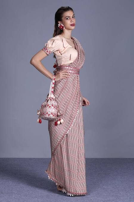 Punit Balana_Beige Silk Satin Leaf Neck Saree With Blouse And Belt _Online_at_Aza_Fashions