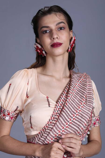 Buy_Punit Balana_Beige Silk Satin Leaf Neck Saree With Blouse And Belt _Online_at_Aza_Fashions