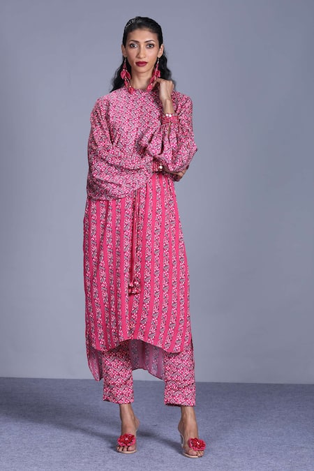 Punit Balana_Pink Silk Satin Round Floral Print High Low Tunic And Pant Set _Online_at_Aza_Fashions
