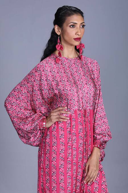 Buy_Punit Balana_Pink Silk Satin Round Floral Print High Low Tunic And Pant Set _Online_at_Aza_Fashions