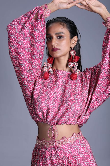 Punit Balana_Pink Silk Satin Round Printed Crop Top And Dhoti Pant Set _Online_at_Aza_Fashions