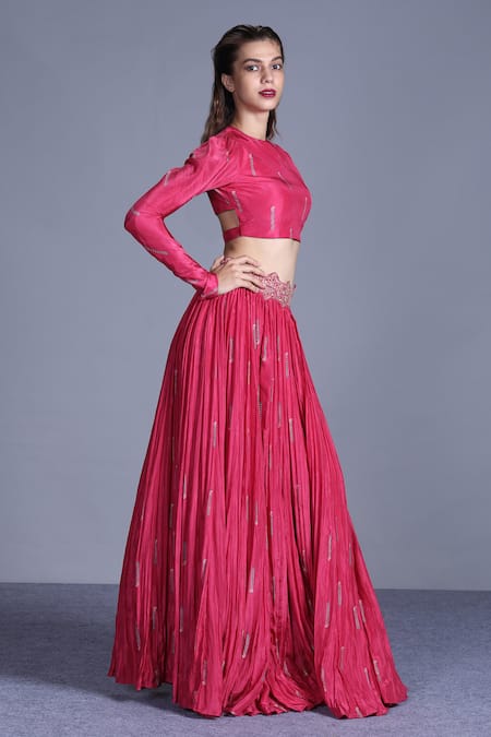 Punit Balana_Pink Silk Satin Round Printed Crop Top And Crushed Skirt Set _Online_at_Aza_Fashions