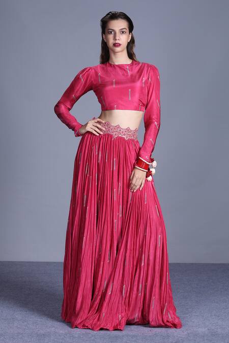 Buy_Punit Balana_Pink Silk Satin Round Printed Crop Top And Crushed Skirt Set _Online_at_Aza_Fashions