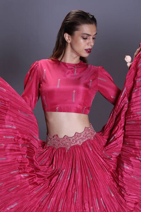 Shop_Punit Balana_Pink Silk Satin Round Printed Crop Top And Crushed Skirt Set _Online_at_Aza_Fashions