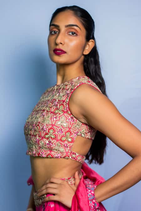 Punit Balana_Pink Silk Satin Round Printed Lehenga Set _Online_at_Aza_Fashions