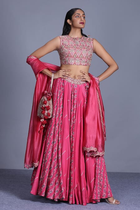 Buy_Punit Balana_Pink Silk Satin Round Printed Lehenga Set _Online_at_Aza_Fashions