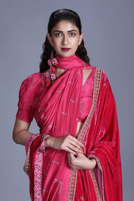 Punit Balana_Pink Dushala Velvet, Silk Satin V Neck Saree With Blouse And _Online_at_Aza_Fashions