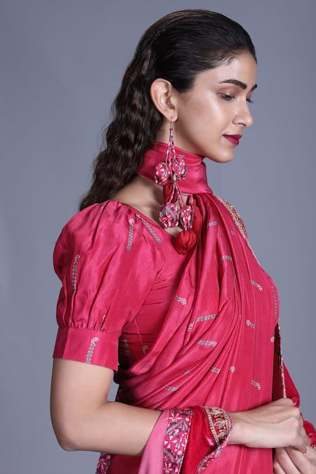Buy_Punit Balana_Pink Dushala Velvet, Silk Satin V Neck Saree With Blouse And _Online_at_Aza_Fashions