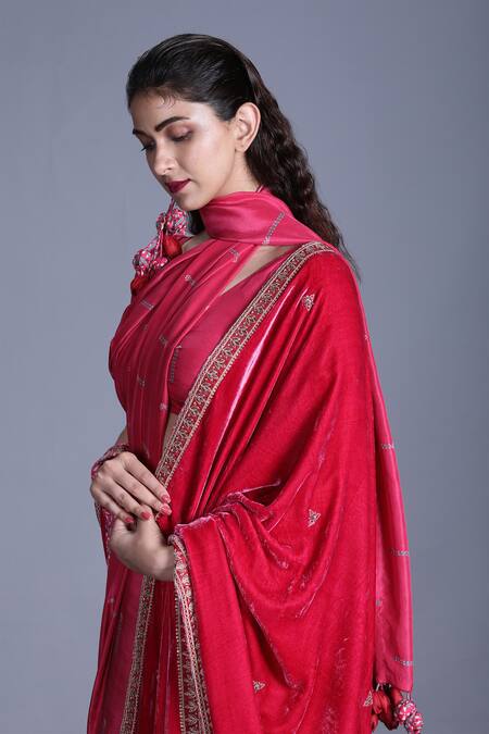 Shop_Punit Balana_Pink Dushala Velvet, Silk Satin V Neck Saree With Blouse And _Online_at_Aza_Fashions