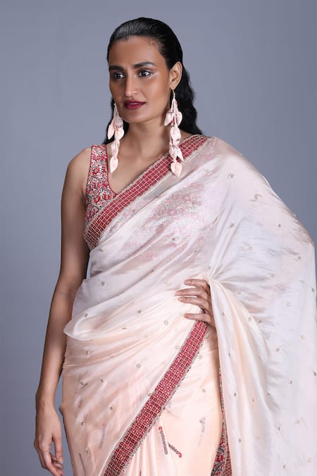 Punit Balana_Beige Organza, Silk Satin U Neck Embroidered Saree With Blouse _Online_at_Aza_Fashions