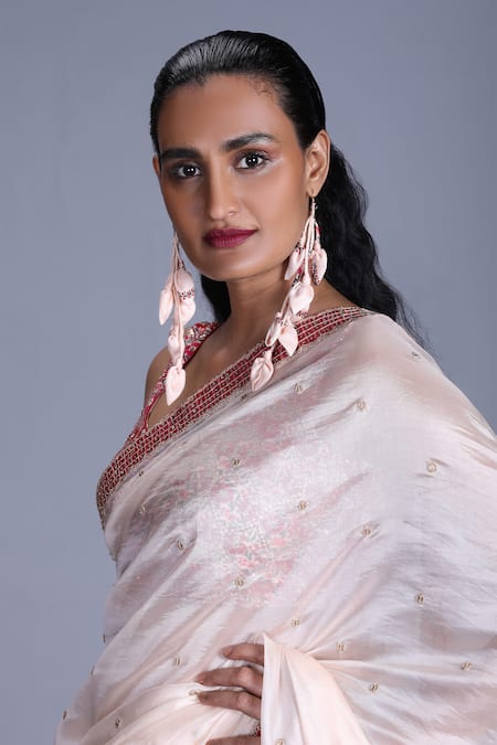 Buy_Punit Balana_Beige Organza, Silk Satin U Neck Embroidered Saree With Blouse _Online_at_Aza_Fashions