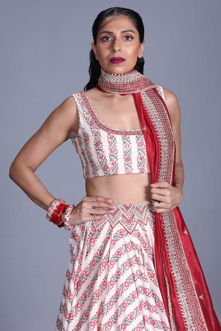 Buy_Punit Balana_Beige Silk Satin Round Chanderi Printed Lehenga Set _Online_at_Aza_Fashions