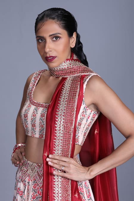 Shop_Punit Balana_Beige Silk Satin Round Chanderi Printed Lehenga Set _Online_at_Aza_Fashions