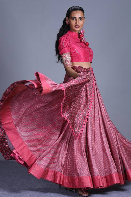 PUNIT BALANA_Pink Silk Satin Mandarin Collar Floral Print Lehenga Set _Online_at_Aza_Fashions
