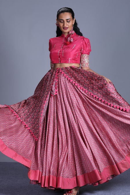 Shop_PUNIT BALANA_Pink Silk Satin Mandarin Collar Floral Print Lehenga Set _at_Aza_Fashions