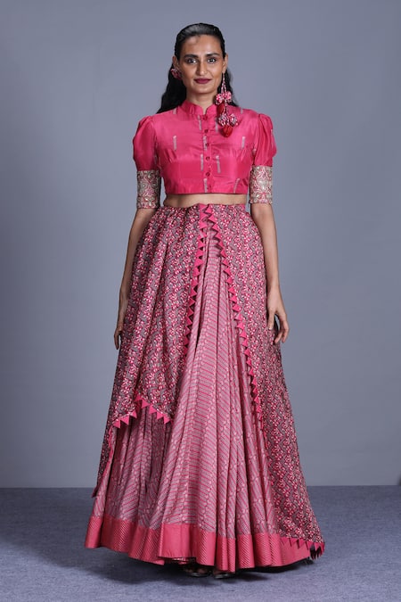 Buy_PUNIT BALANA_Pink Silk Satin Mandarin Collar Floral Print Lehenga Set _Online_at_Aza_Fashions