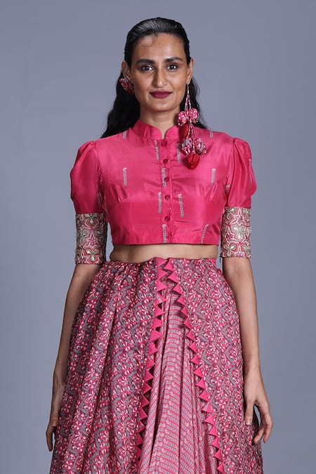 Shop_PUNIT BALANA_Pink Silk Satin Mandarin Collar Floral Print Lehenga Set _Online_at_Aza_Fashions