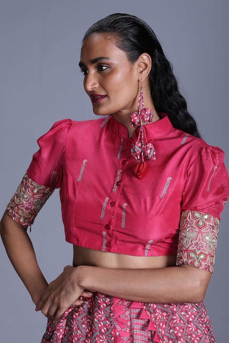 PUNIT BALANA_Pink Silk Satin Mandarin Collar Floral Print Lehenga Set _at_Aza_Fashions