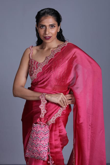 Punit Balana_Pink Organza V Neck Saree With Blouse _Online_at_Aza_Fashions