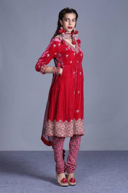 Punit Balana_Pink Velvet V Neck Kurta Set _Online_at_Aza_Fashions