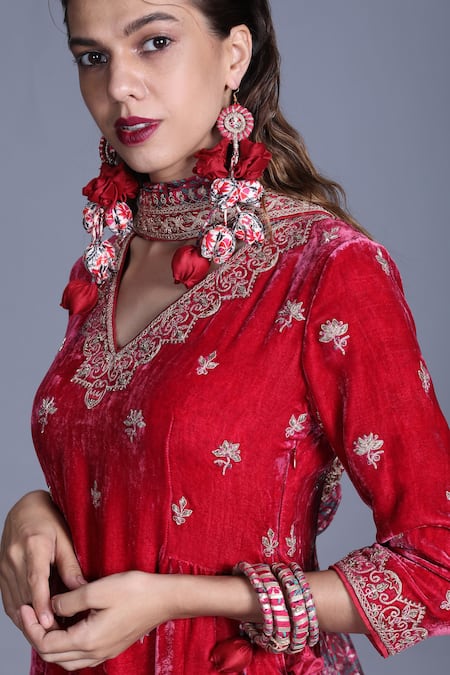Shop_Punit Balana_Pink Velvet V Neck Kurta Set _Online_at_Aza_Fashions