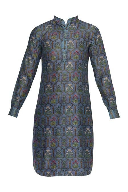 Buy Pranay Baidya Blue Chanderi Cotton Silk Mughal Floral Print Kurta Online at Aza Fashions Buy_Pranay Baidya_Blue Chanderi Cotton Silk Mughal Floral Print Kurta _Online_at_Aza_Fashions