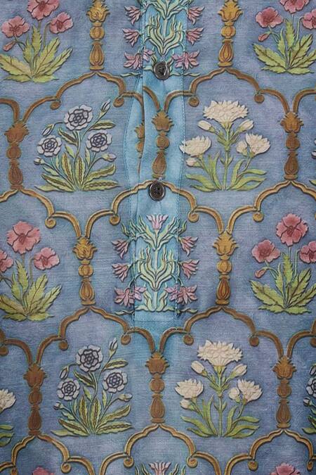 Pranay Baidya Blue Chanderi Cotton Silk Mughal Floral Print Kurta at Aza Fashions Pranay Baidya_Blue Chanderi Cotton Silk Mughal Floral Print Kurta _at_Aza_Fashions