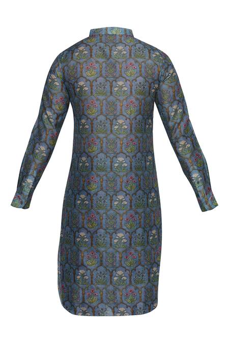 Shop Pranay Baidya Blue Chanderi Cotton Silk Mughal Floral Print Kurta Online at Aza Fashions Shop_Pranay Baidya_Blue Chanderi Cotton Silk Mughal Floral Print Kurta _Online_at_Aza_Fashions