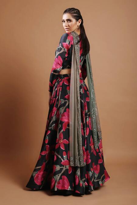 Shop_Prints By Radhika_Black Pure Silk Printed Lehenga Set_at_Aza_Fashions