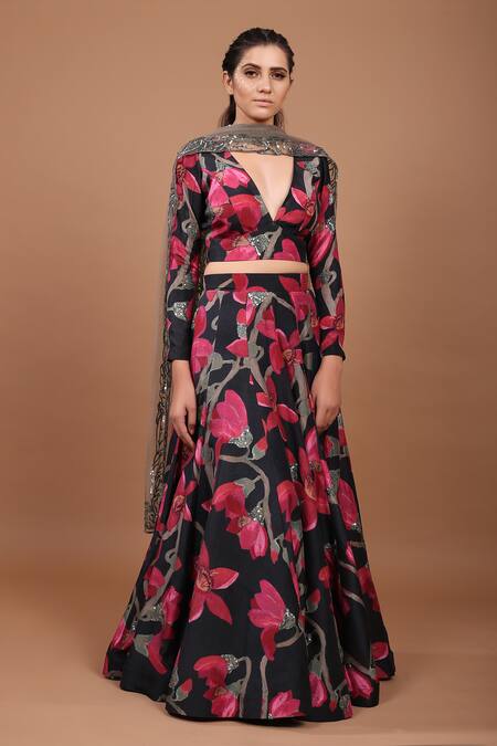 Buy_Prints By Radhika_Black Pure Silk Printed Lehenga Set_Online_at_Aza_Fashions