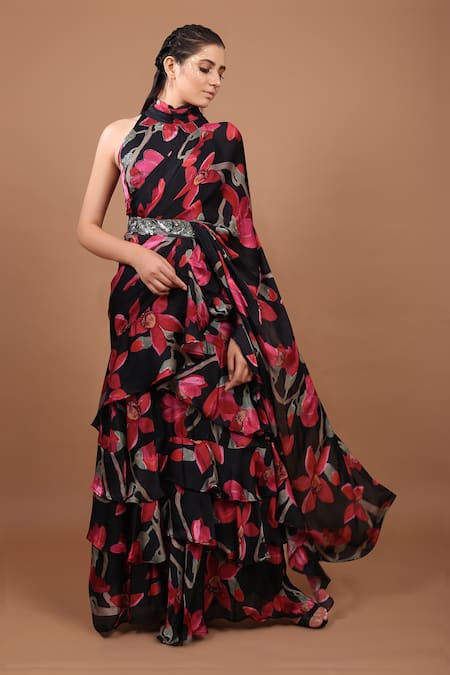 Prints By Radhika_Black Satin Georgette Printed Pre-draped Ruffle Saree_Online_at_Aza_Fashions