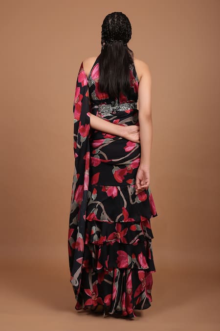 Shop_Prints By Radhika_Black Satin Georgette Printed Pre-draped Ruffle Saree_at_Aza_Fashions