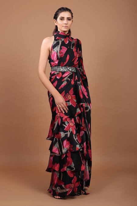 Buy_Prints By Radhika_Black Satin Georgette Printed Pre-draped Ruffle Saree_Online_at_Aza_Fashions