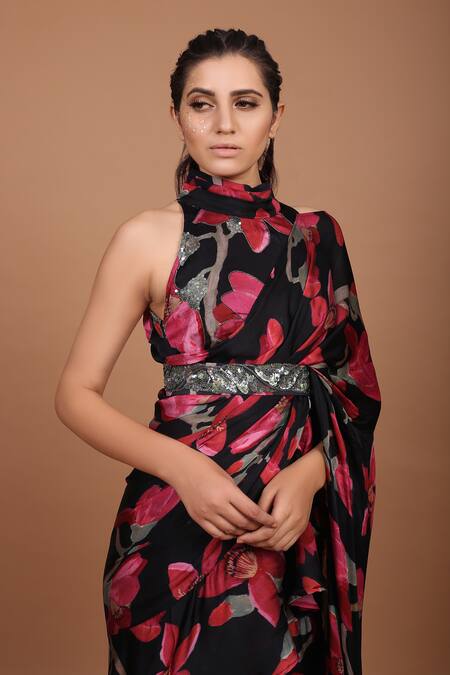 Shop_Prints By Radhika_Black Satin Georgette Printed Pre-draped Ruffle Saree_Online_at_Aza_Fashions