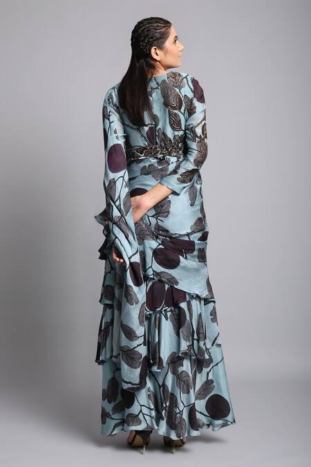 Shop_Prints By Radhika_Blue Satin Georgette Printed Pre-draped Saree_at_Aza_Fashions