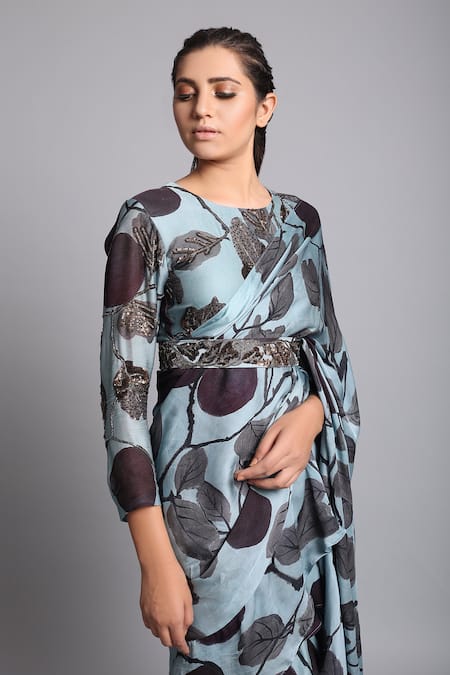 Prints By Radhika_Blue Satin Georgette Printed Pre-draped Saree_Online_at_Aza_Fashions