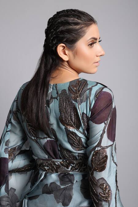 Buy_Prints By Radhika_Blue Satin Georgette Printed Pre-draped Saree_Online_at_Aza_Fashions