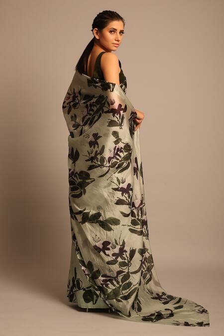 Shop_Prints By Radhika_Green Silk Organza Printed Saree_at_Aza_Fashions