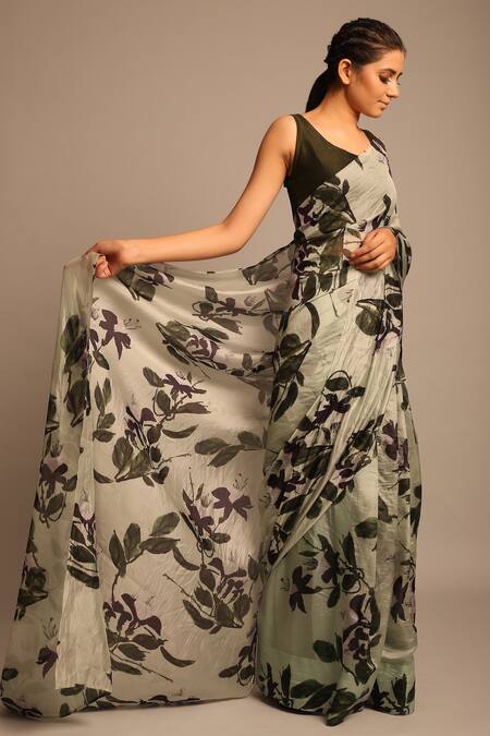 Prints By Radhika_Green Silk Organza Printed Saree_Online_at_Aza_Fashions
