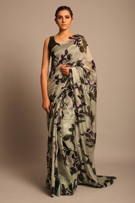 Buy_Prints By Radhika_Green Silk Organza Printed Saree_Online_at_Aza_Fashions