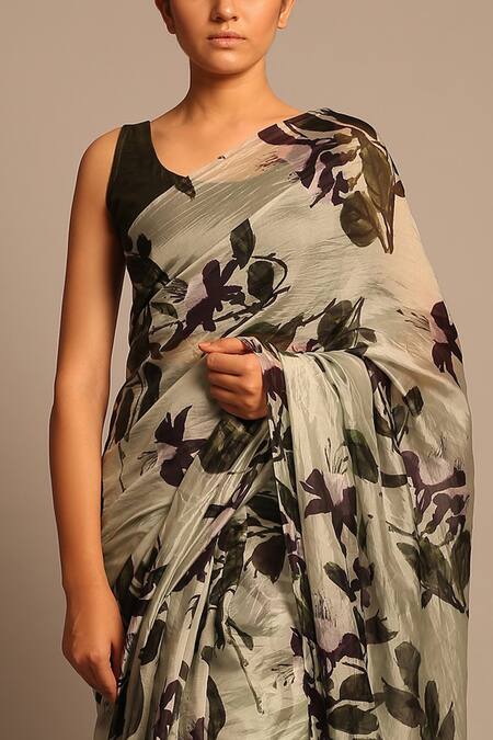 Shop_Prints By Radhika_Green Silk Organza Printed Saree_Online_at_Aza_Fashions